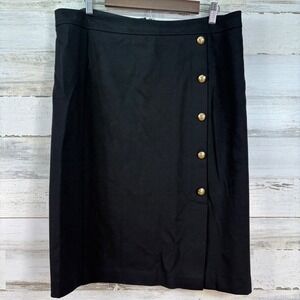 Talbots Black Ponte Knit Pencil Skirt Gold Crest Buttons Size 16 Preppy Timeless